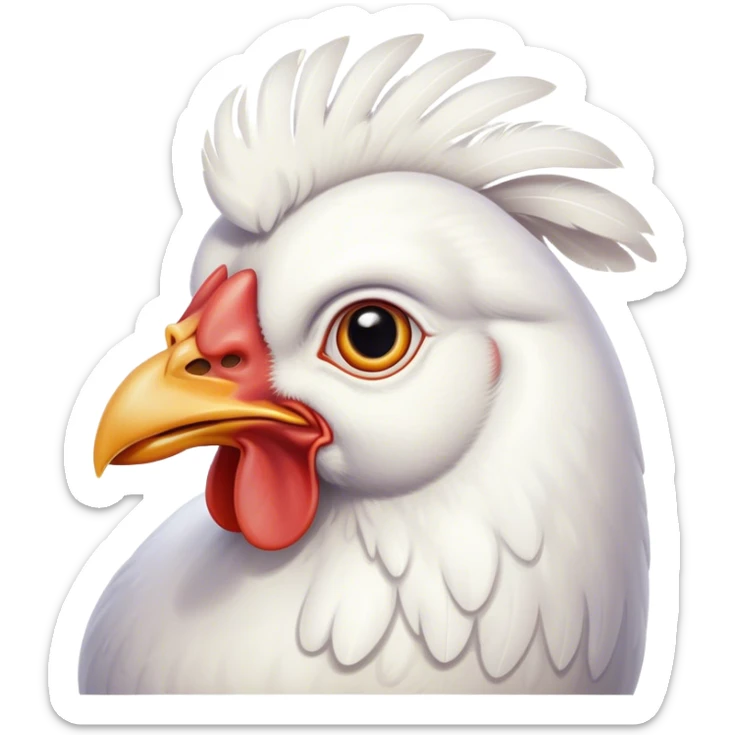 Cinematic Noble White Chicken Portrait Emoji, Poised and regal, with a compact, sturdy build and a pristine, well-groomed pure white plumage, deep-set soulful beady eyes, Simplified yet sharp and sophisticated features, highly detailed, glowing with a soft, dignified glow, high shine, intelligent and alert, stylized with an air of barnyard elegance, focused and attentive, soft glowing outline, capturing the essence of a watchful and confident fowl, so majestic it feels as though it could strut out of the screen with effortless authority! sticker