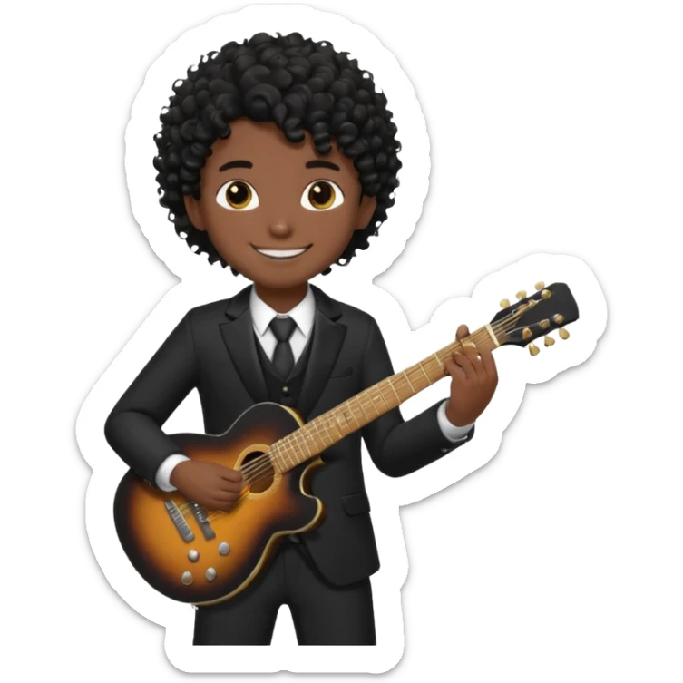 A boy with black fade curly hair Smiling and holdijg a guitar in a black suit  sticker