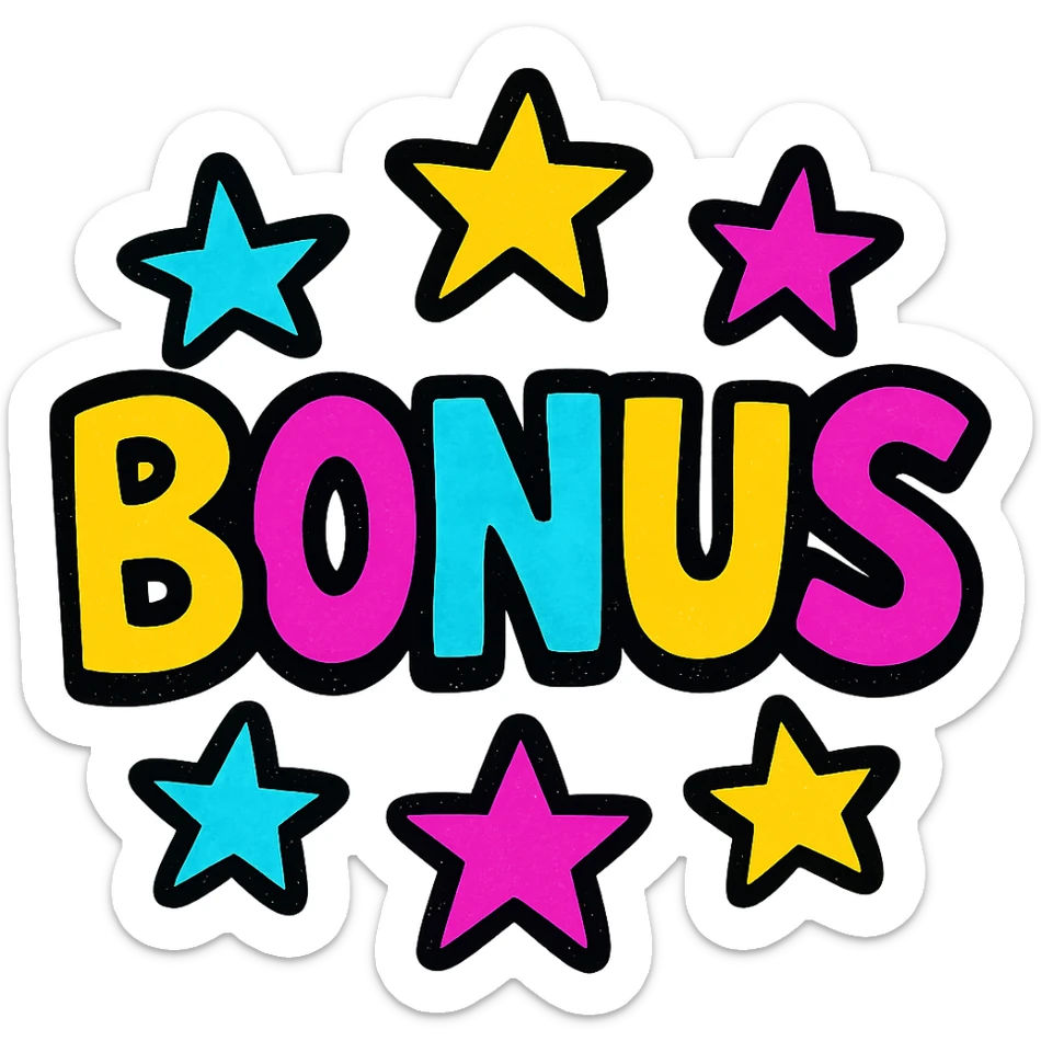 the word BONUS in large, eye-catching colorful letters surrounded by stars, no background or sign behind, just the letters and stars sticker