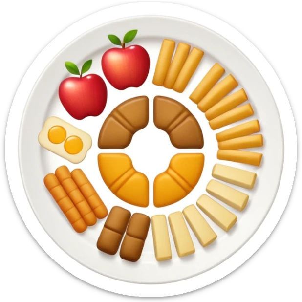 a plate of food with a white plate and a variety of foods neatly arranged, simple and colorful, in the style of Apple emoji sticker