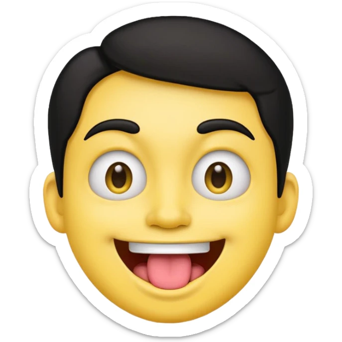 yellow face emoji smiling with huge tongue out and eyes wide open. Tongue should have the effect of wagging back and forth. Give him a head of black hair sticker