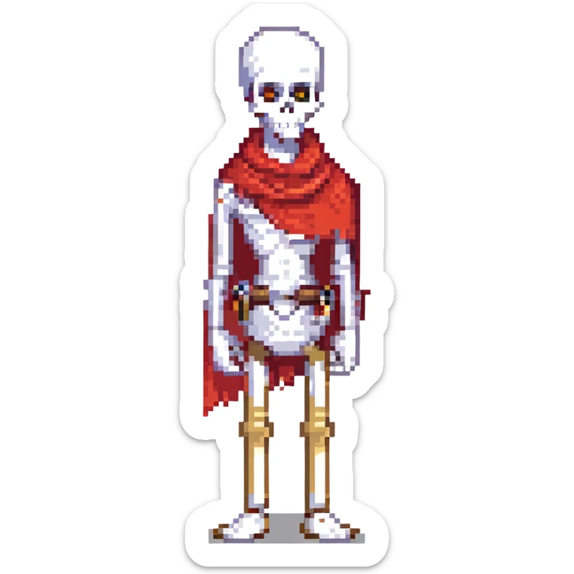 pixel art of Undertale Papyrus character, tall and lanky, red scarf, heroic pose sticker