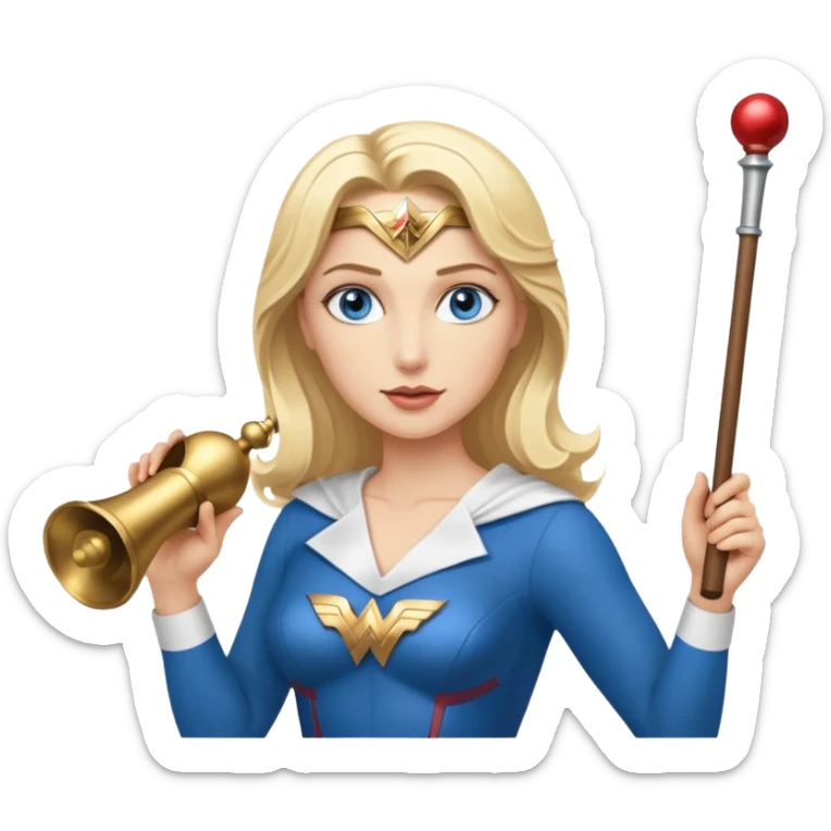 Blonde blue eyes Wonder Woman holding bell and short white orchestra conductor’s baton  sticker