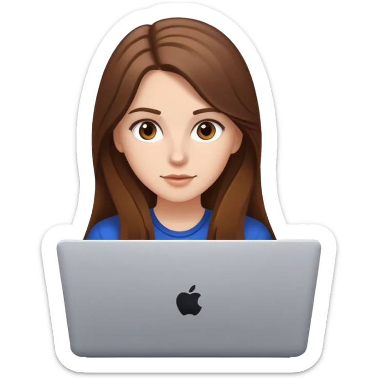 White girl with long brown hair and brown eyes with laptop sticker
