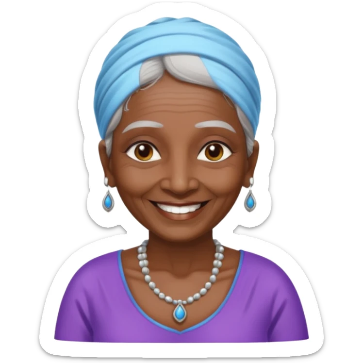 A old indian woman with a top saying "Wet queens meet and greet 2067" sticker