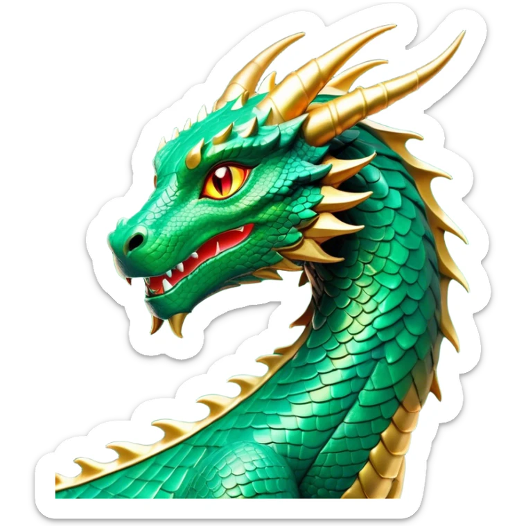 Cinematic Noble Dragon Portrait Emoji, Poised and majestic, with a sinuous, elongated build and shimmering, scale-covered skin in hues of emerald and gold, piercing, fiery eyes, Simplified yet sharp and sophisticated features, highly detailed, glowing with a mystical, radiant glow, high shine, intelligent and formidable, stylized with an air of ancient power, focused and attentive, soft glowing outline, capturing the essence of a watchful and legendary dragon that feels as though it could soar out of the screen with effortless authority! sticker