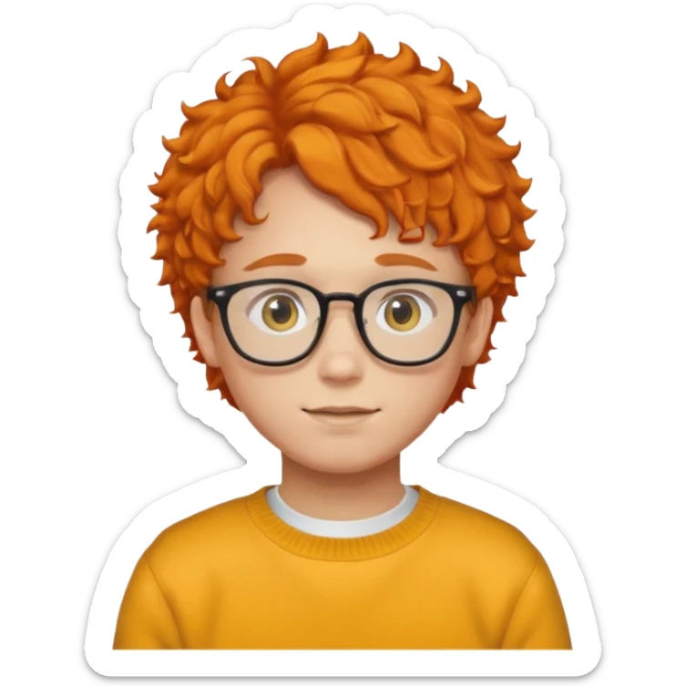teen nerd orange hair boy curly orange hair wearing white shirt inside a yellow sweater with glasses  sticker