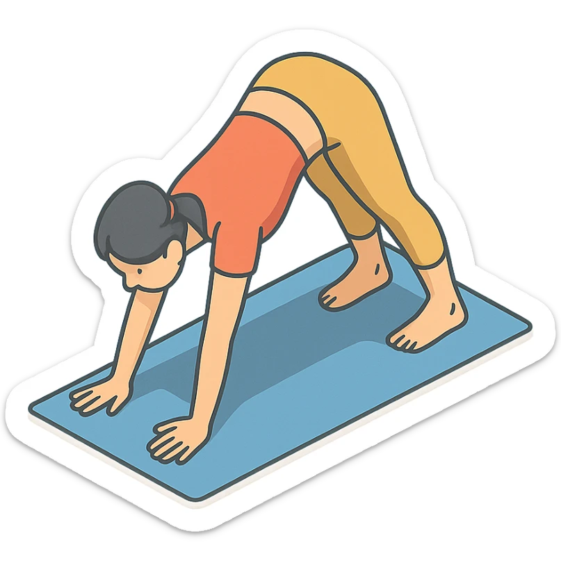 girl in cute yoga outfit performing downward dog pose (Adho Mukha Svanasana), 2D isometric style, very detailed drawing, shadows and highlights, clean contours, soft lighting, transparent background sticker
