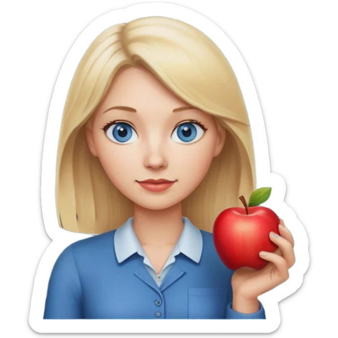 blonde hair blue eyes teacher female with one apple and chalkboard sticker