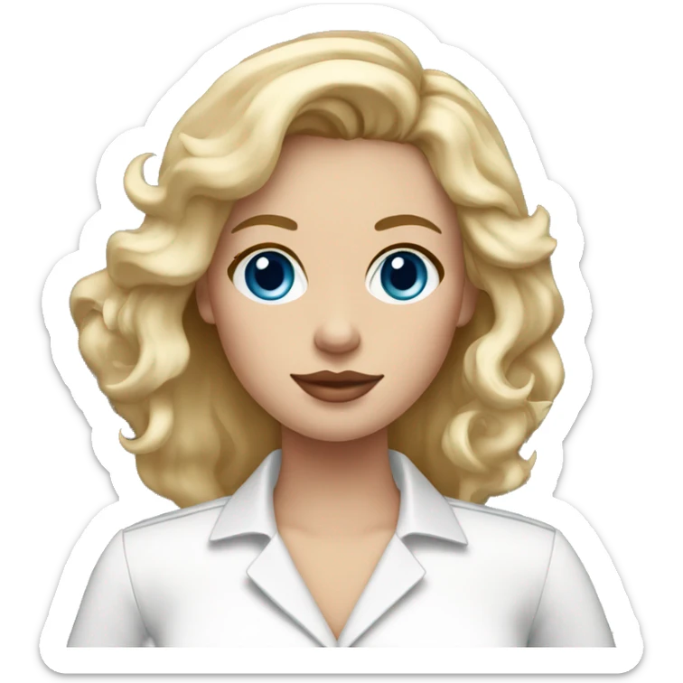blue-eyed blonde with a white dress shirt and a Starbucks in her hand and an iMac  sticker