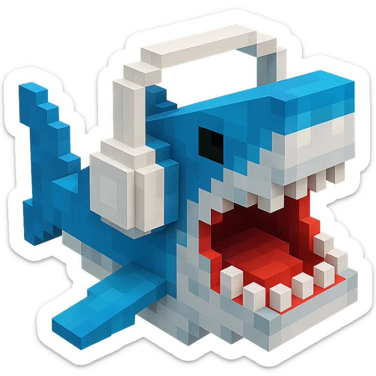 voxel style shark with white headphones, open mouth, blocky, blue and silver, no background sticker
