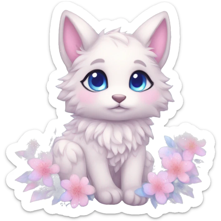 Anthro Cute Cool Blushing Pastel Innocent Shy Kawaii gorgeous sparkly ethereal fantasy animal creature with blue eyes furry sona with flowers and ribbons beautiful aesthetic sticker
