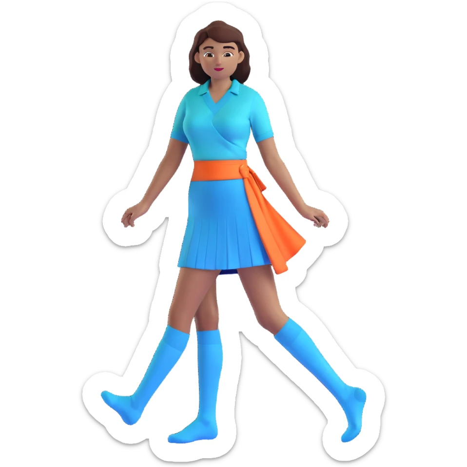 woman wearing teal wrap shirt, blue a-line skirt, light blue knee-high socks sticker