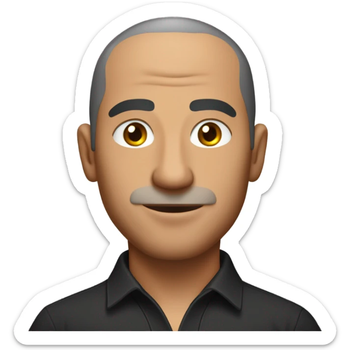 A middle-aged Italian man with olive-toned skin with buzz cut hair and no facial hair. He is wearing a sleek black smart shirt, casually unbuttoned at the top. sticker