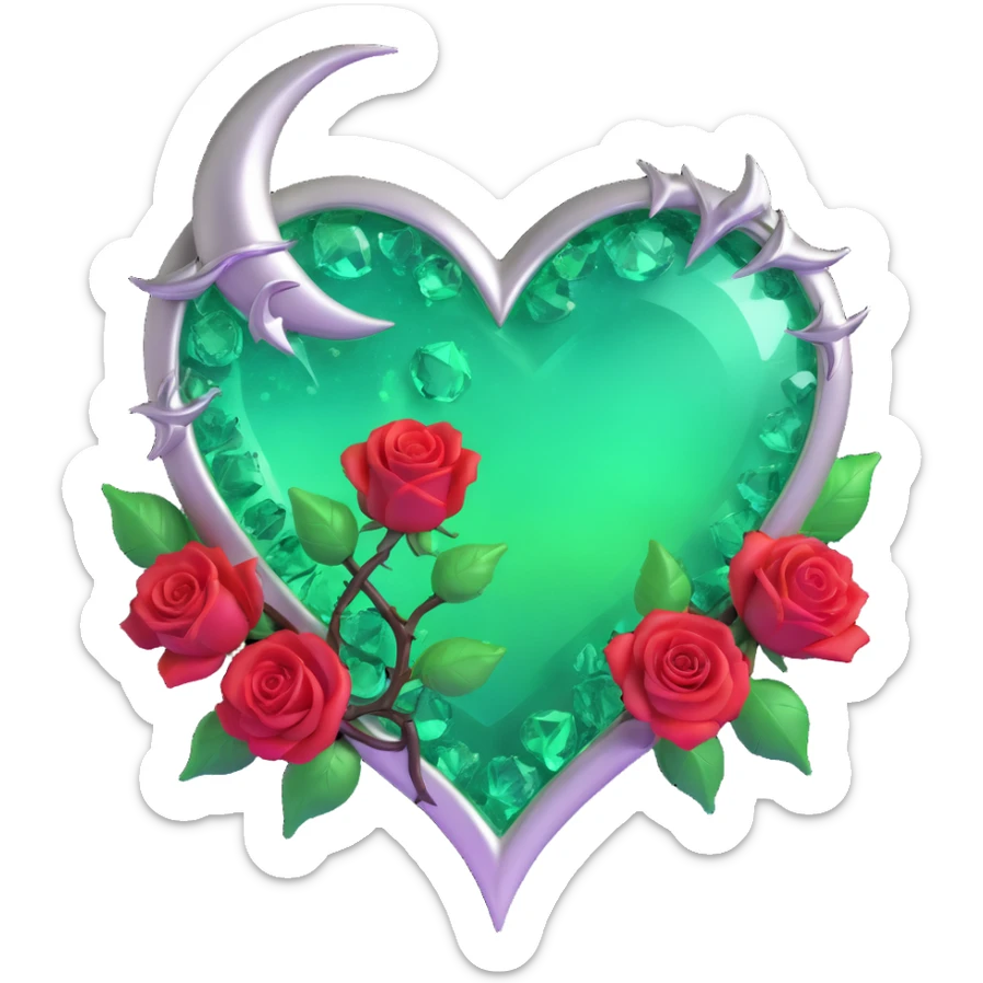 gothic heart made of emerald ice glass, silver crescent moon, jade roses, holographic stardust, neon green lightning, drenched and splintered glass sticker