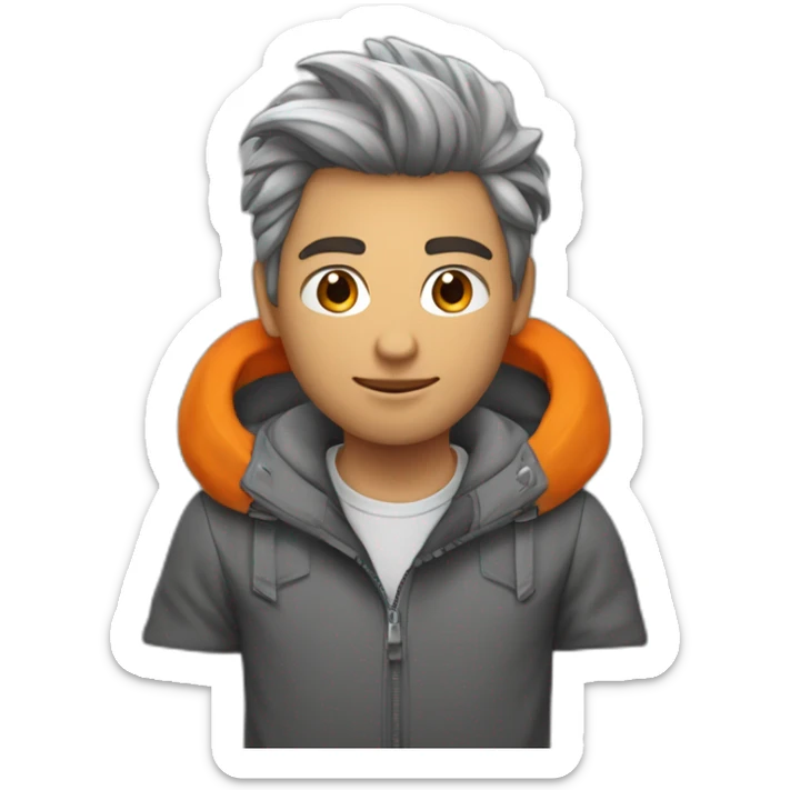 jeune homme balnc aux cheveux gris avec une doudoune orange sticker