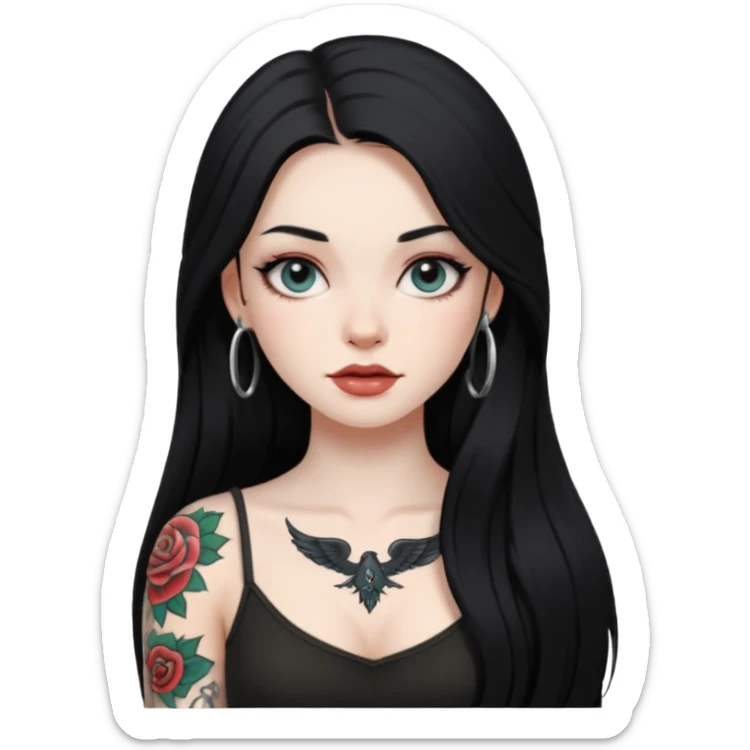 an ios genmoji for a fair girl with black long hair  tattooed, beautiful girl sticker