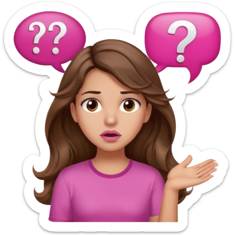 girl with long wavy brown hair, brown eyes, light to medium complexion, in a pink shirt, pink lips, long lashes, confused, question mark speech bubble sticker