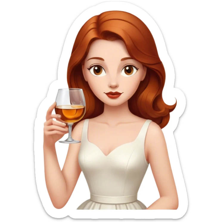 oval face Beautiful woman in 1950’s woman fashion look, no jewelry, white dress, long auburn hair, whisky sticker