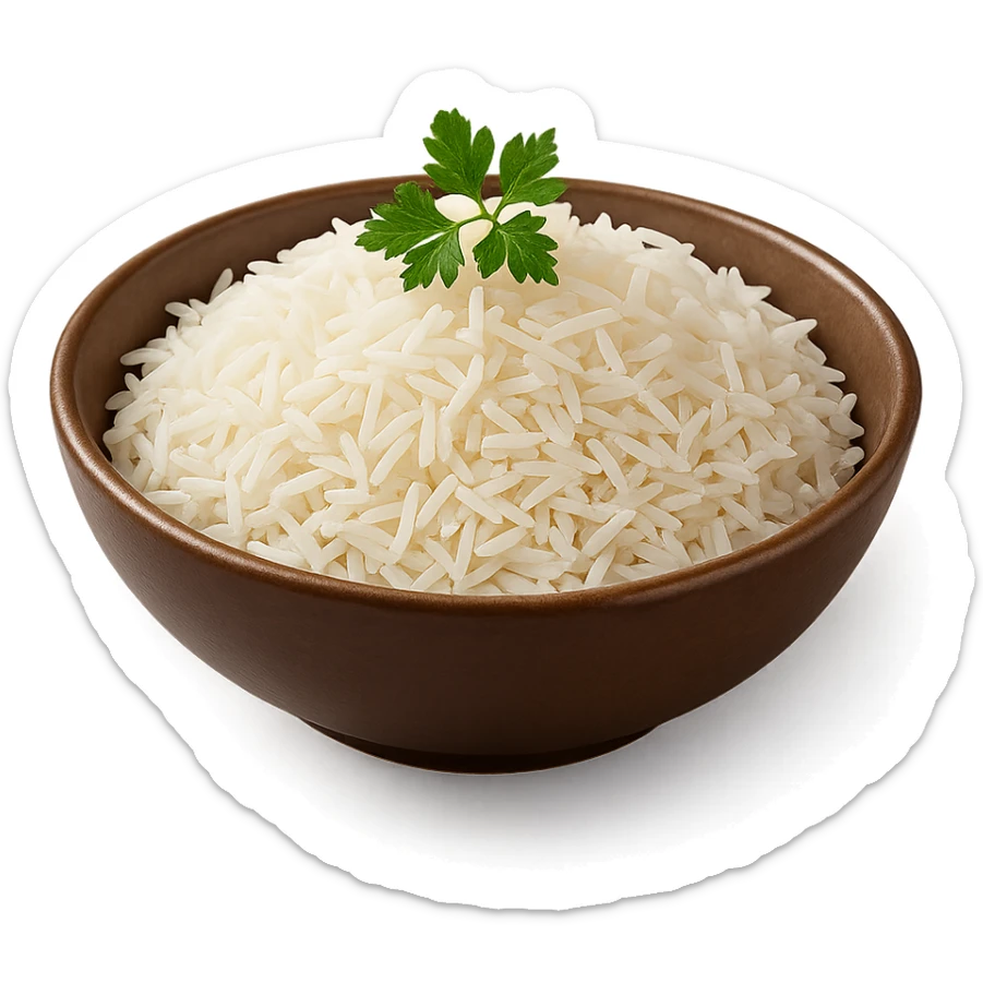 Realistic style plate of white rice with parsley, natural details, no background. sticker