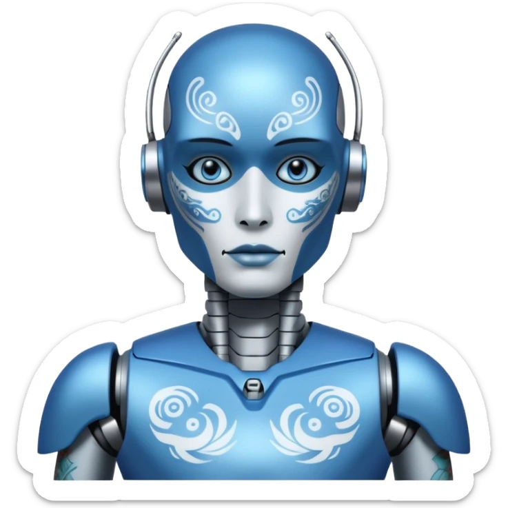 blue Tatooed robot, big many tatooes on chest, neck and face, white tatoo on face sticker