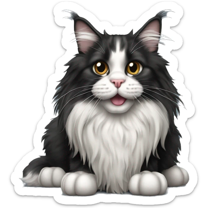 black and white maine coon cat with tongue hanging out and bulging eyes and paws standing on the floor sticker