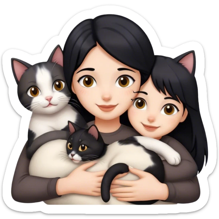 happy girl with black hair hugging three cats  (black calico cat, gray cat, brown calico cat) sticker