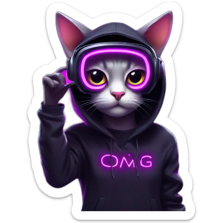 cat wearing a black hoodie with "OMG" letters on it and VR headset in a cyberpunk VR environment with violet neon lighting. sticker
