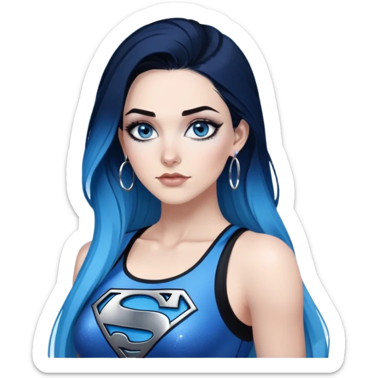 Back up-very very large chest-gorgeous face-black leggings-very long straight dark blue to light blue ombre hair-and-blue eyes-a lot of black eyeliner-thick long eyelashes-sky blue low cut tanktop with glitter superman logo-silver hoop earrings sticker
