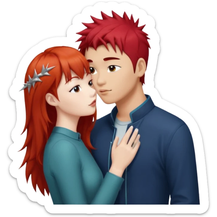 Asian Spiky short red hair  guy kissing redhead white girl with bangs long hair  sticker