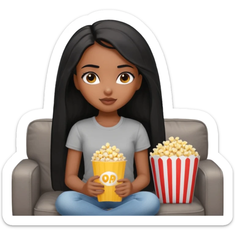a pretty bratz dusky girl with long straight hair on a couch with popcorn nd wearing a grey tshirt sticker