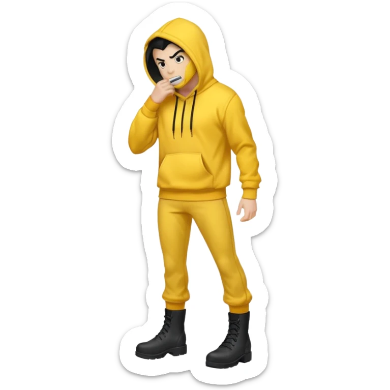 Invincible from the show invincible but whering a yellow hoodie and the mouth covered whering black pants and black boots sticker