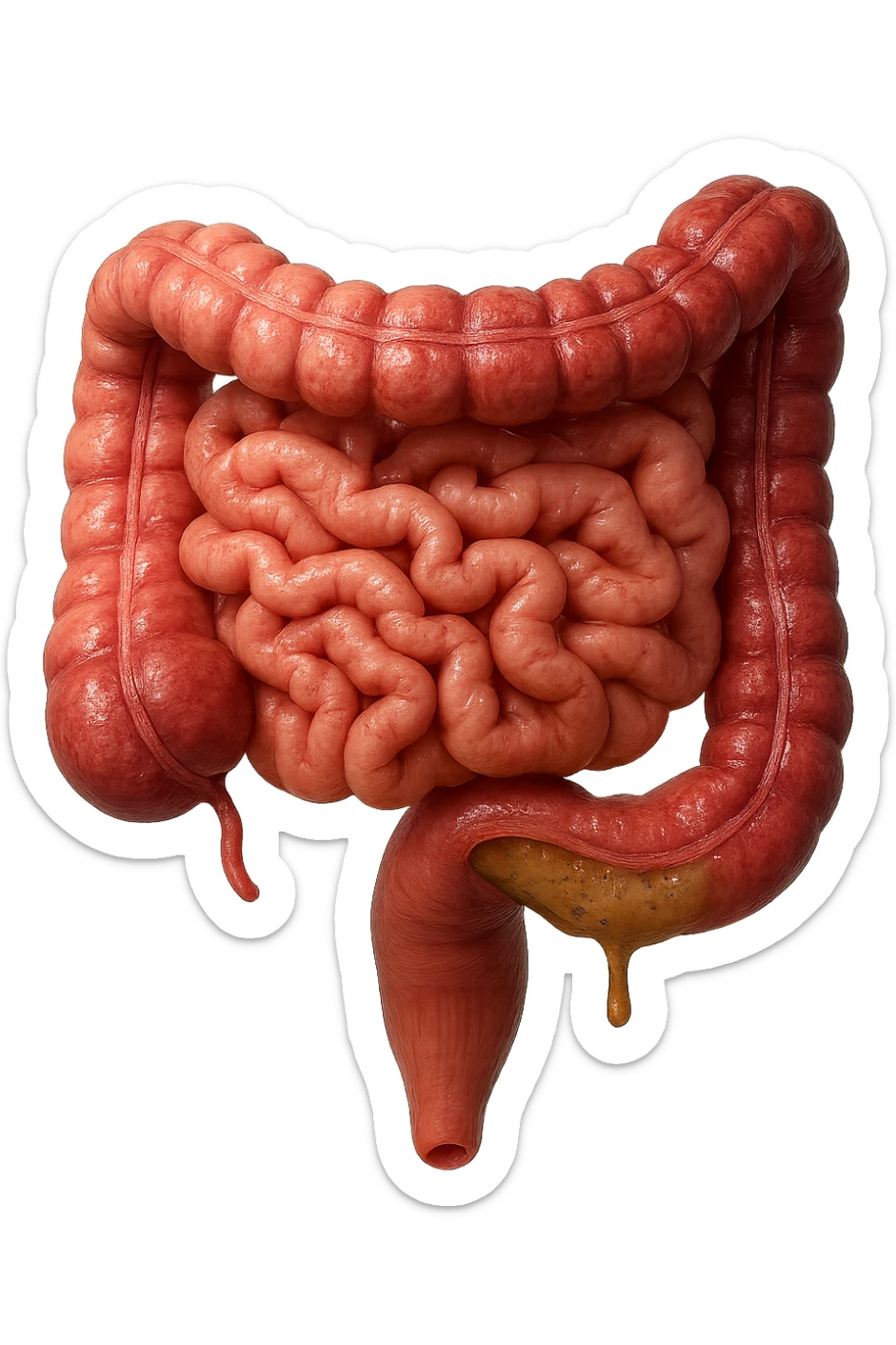 intestino anatomico umano affetto da gastroenterite, diarrea liquida nel colon ben visibile, iperrealistico 4k sticker