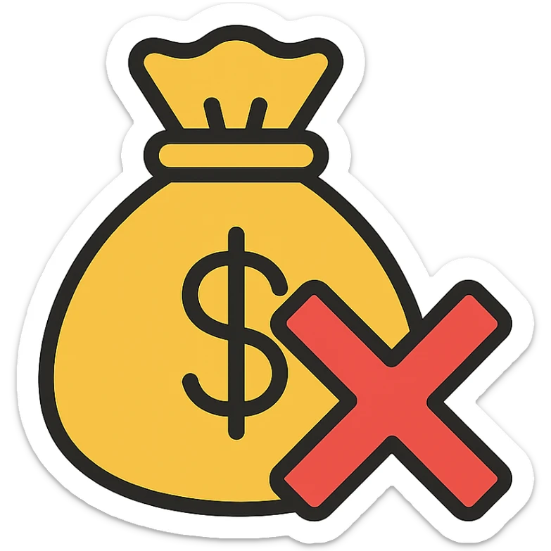a bag of money with a bold red cross over it, clear and simple icon style sticker