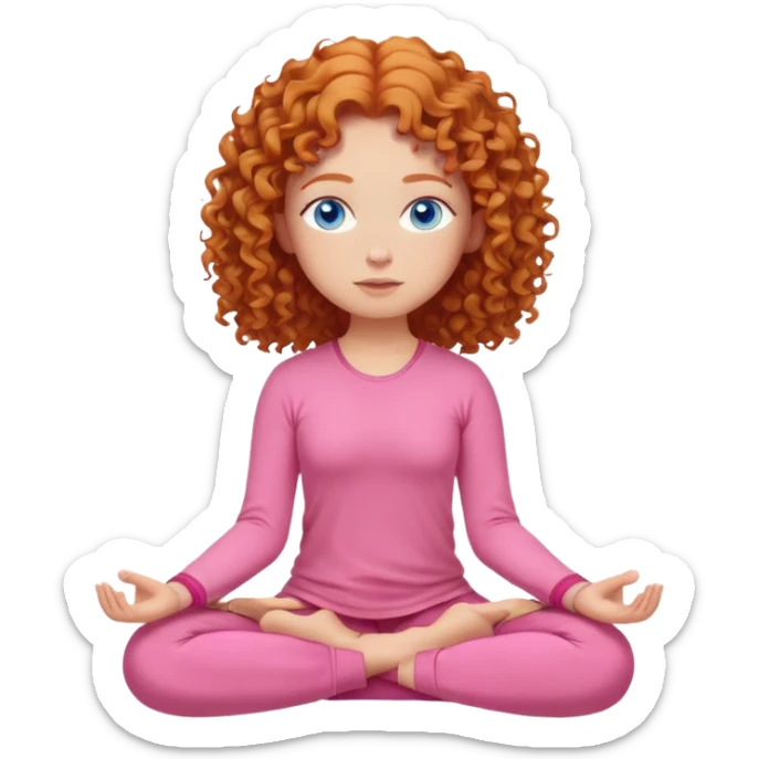 Girl with ginger curly hair and blue eyes in pink clothes meditating  sticker