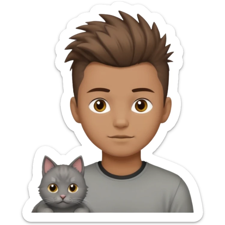 boy with brown hair and light brown skin tone and mohawk and a cat sticker