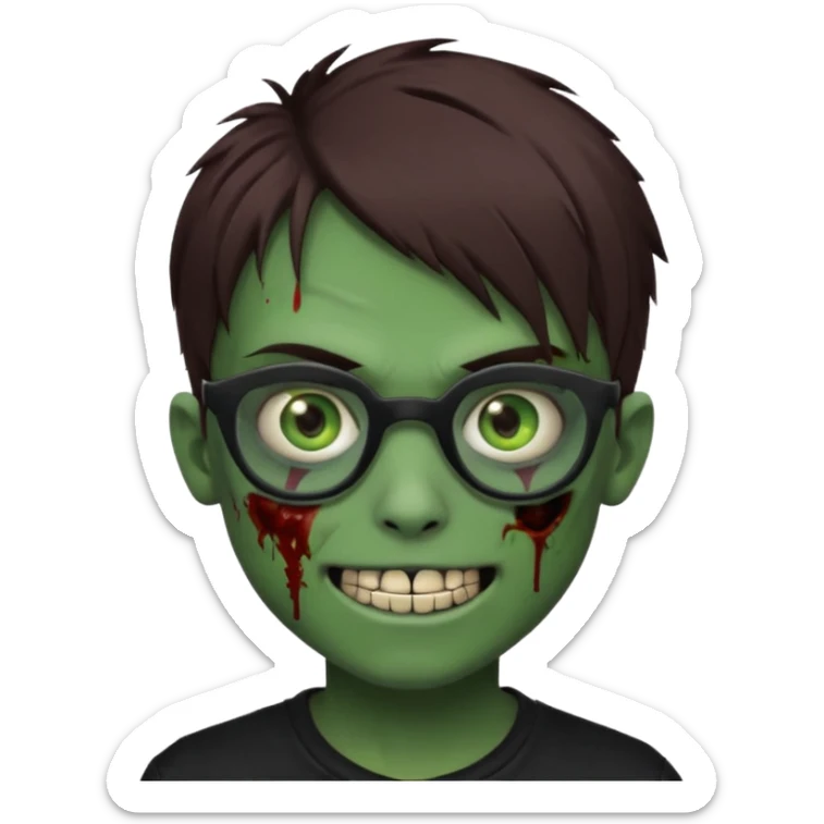 Zombie emo boy, green skin and brown hair and eyes, black glasses and a scary smile with a cut on the side, scars and blood under eyes sticker