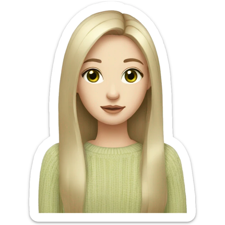 Girl with black straight long hair pale skin light green eyes and beige sweater  sticker