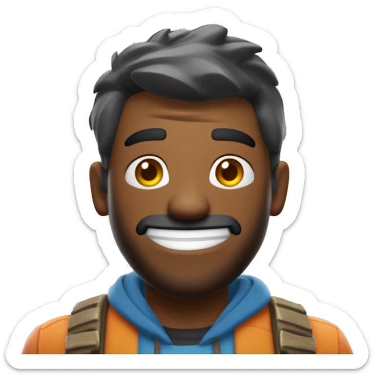 "Crée un émoji inspiré de l'univers de Fortnite. L'émoji doit représenter un personnage de jeu avec un style cartoon coloré, portant un costume emblématique et un sourire enthousiaste. Il doit avoir des éléments caractéristiques de Fortnite sticker
