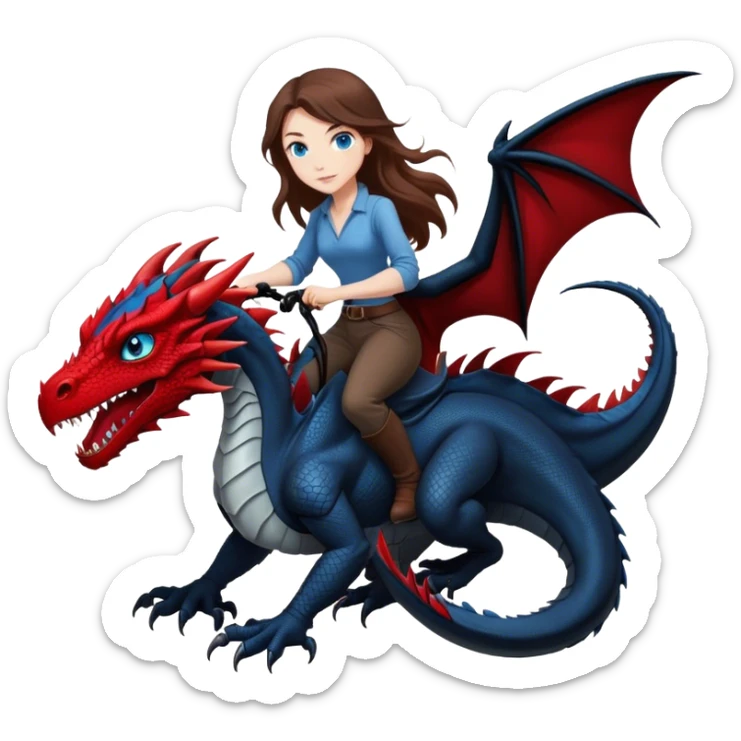 Me, a white female with long brown hair, and blue eyes, wearing black and red, and riding a very black wyvern dragon with hints of red, to your work sticker