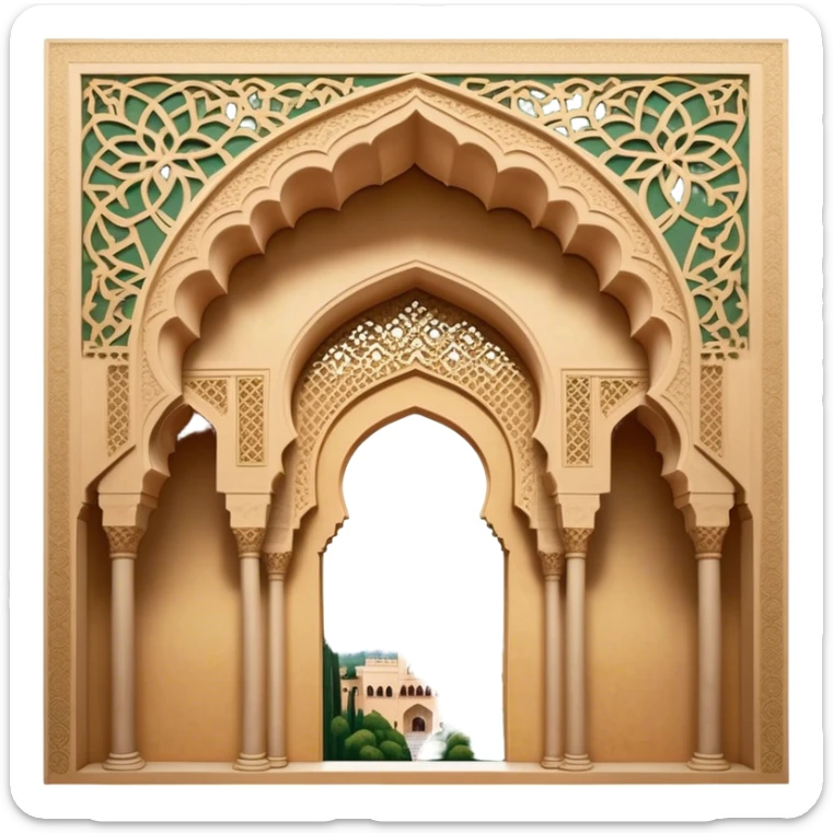 Alhambra – Cinematic Realistic Alhambra, depicted as a majestic Moorish palace with intricately carved arches, lush courtyards, and detailed tile work, bathed in soft golden light and dynamic shadows that highlight its opulent historical beauty. sticker