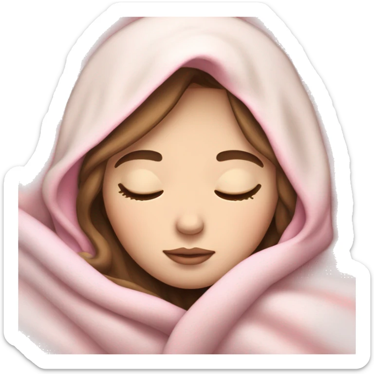 pale skin brown haired girl with white and pink blanket around head with eyes closed sleeping sticker