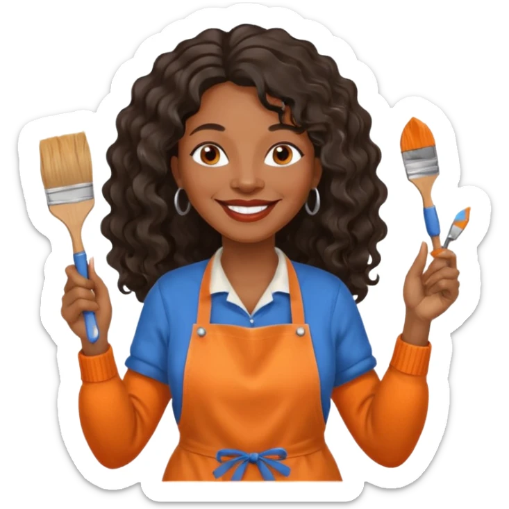 FEMME FRISÉ 60 ANS CHEVEUX NOIR FRISÉ ONDULÉ TRÈS  LONG , SOURIANTE AVEC CHANDAIL ORANGE ,   YEUX BLEU ET UN PINCEAU À LA MAIN LA MAIN AVEC 5 DOIGT SEULEMENT ET TABLIER sticker