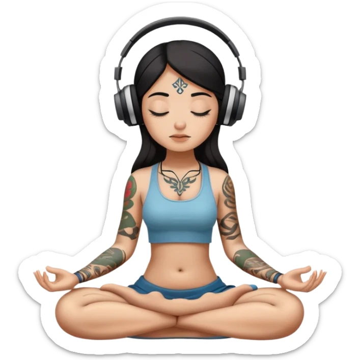 Long nose dark hair girl with tattoo on her neck meditates sitting and there are earphones on her head sticker