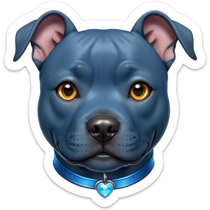 Cinematic Cute Blue Staffordshire Bull Terrier Portrait Emoji, Head tilted playfully and inquisitively, featuring a glossy blue Fur with a healthy sheen, round, sparkling dark eyes filled with curiosity, Simplified yet irresistibly adorable features, highly detailed, glowing with a warm, friendly glow, high shine, affectionate and spirited, stylized with a touch of whimsy, bright and endearing, soft glowing outline, capturing the essence of a mischievous yet loving pup, so playful it feels like it could bound out of the screen and into your arms! sticker