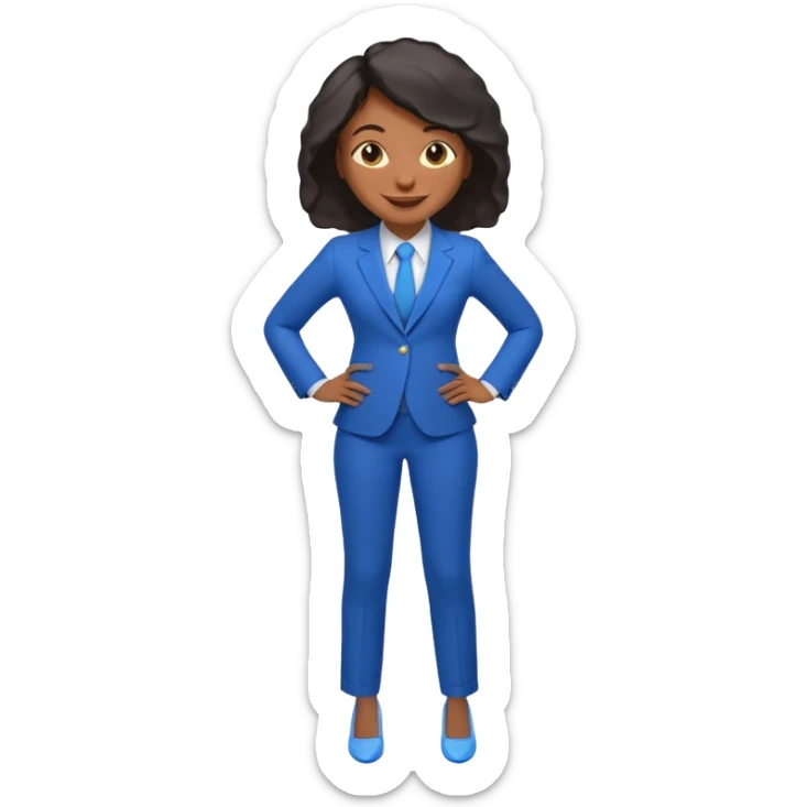 black woman in a blue smart suit and shoes, smiling, hands on hips, emoji style sticker