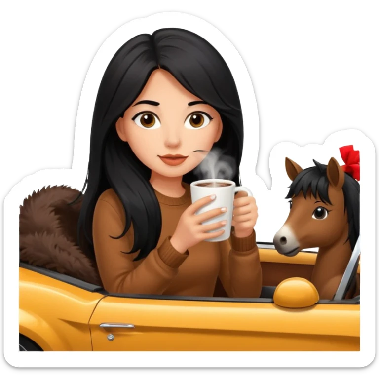 anned Girl with lashes , bright black long hair, in an extremely big fluffy brown mustang, and drinking hot chocolate drink sticker