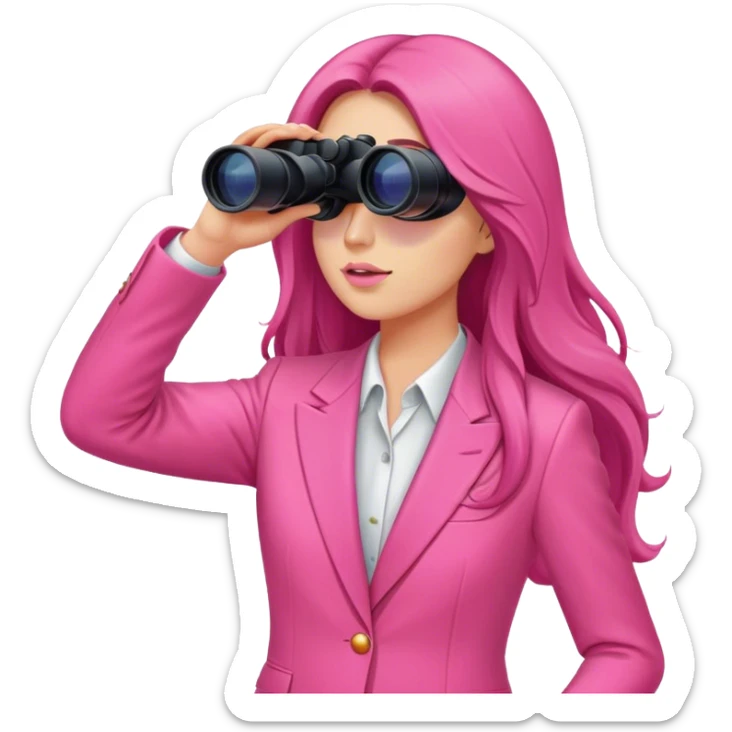 woman with long hair in an intensive color pink suit looking through binoculars sticker