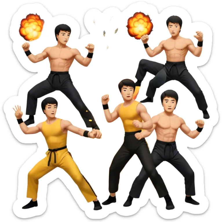 Icon for Action Movies: Collage of Arnold Schwarzenegger, Sylvester Stallone, Bruce Lee, and Jackie Chan in iconic action poses, surrounded by explosions, weapons, and martial arts moves. The design should capture the high-energy, dynamic nature of their films. Transparent background. sticker