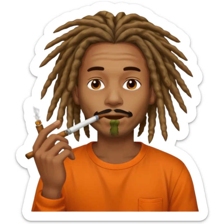 Brownskin man with long dreadlocks orange shirt smoking weed blunt in mouth sticker
